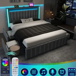 Lit avec rangement 160x200 cm double capitonné avec ports USB-C et LED, 4 tiroirs intégrés, tissu lin gris, sans matelas