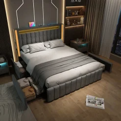 Lit avec rangement 160x200 cm double capitonné avec ports USB-C et LED, 4 tiroirs intégrés, tissu lin gris, sans matelas