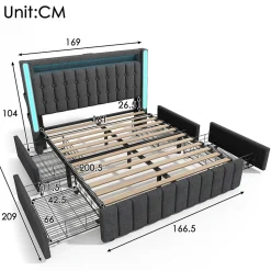 Lit avec rangement 160x200 cm double capitonné avec ports USB-C et LED, 4 tiroirs intégrés, tissu lin gris, sans matelas