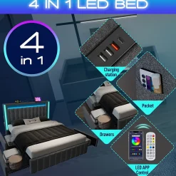 Lit avec rangement 160x200 cm double capitonné avec ports USB-C et LED, 4 tiroirs intégrés, tissu lin gris, sans matelas