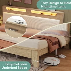 Lit avec rangement 140x200 cm double, tête de lit LED et banc de rangement, velours côtelé, chêne clair et beige, sans matelas