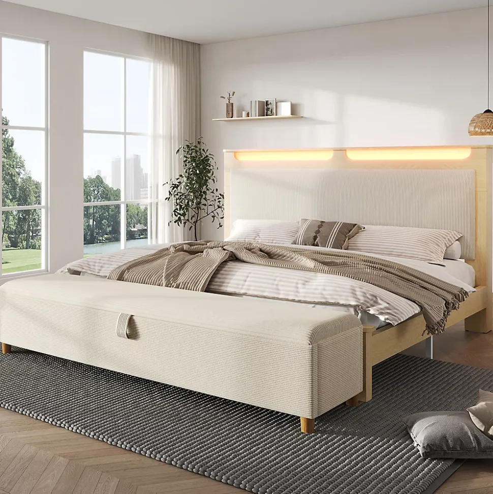 Lit avec rangement 140x200 cm double, tête de lit LED et banc de rangement, velours côtelé, chêne clair et beige, sans matelas