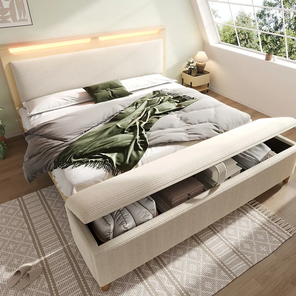 Lit avec rangement 140x200 cm double, tête de lit LED et banc de rangement, velours côtelé, chêne clair et beige, sans matelas
