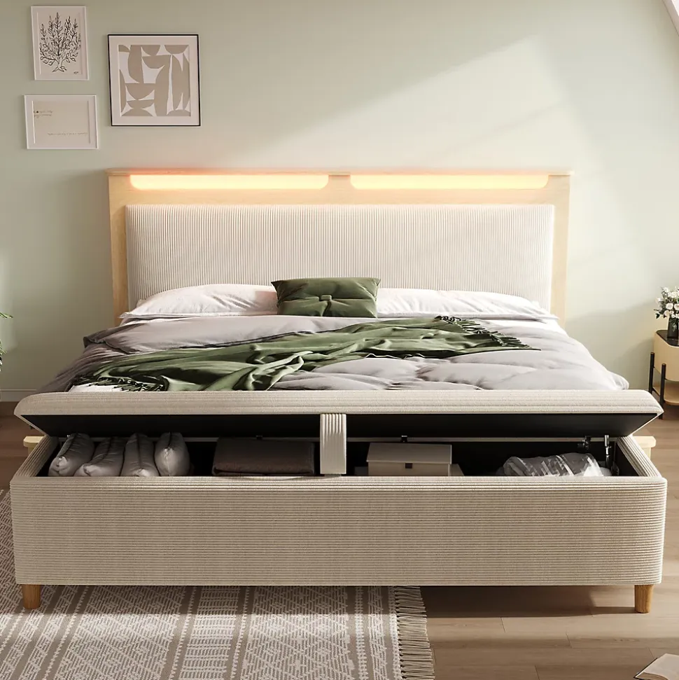Lit avec rangement 140x200 cm double, tête de lit LED et banc de rangement, velours côtelé, chêne clair et beige, sans matelas