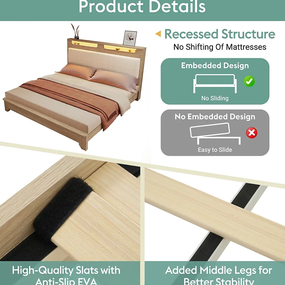 Lit avec rangement 140x200 cm double, tête de lit LED et banc de rangement, velours côtelé, chêne clair et beige, sans matelas