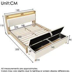 Lit avec rangement 140x200 cm double, tête de lit LED et banc de rangement, velours côtelé, chêne clair et beige, sans matelas