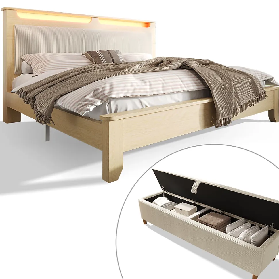 Lit avec rangement 140x200 cm double, tête de lit LED et banc de rangement, velours côtelé, chêne clair et beige, sans matelas