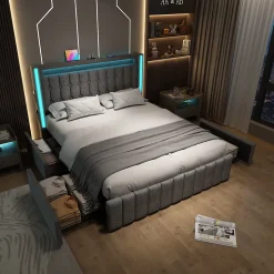 Lit avec rangement 140x200 cm double capitonné avec ports USB-C et LED, 4 tiroirs intégrés, tissu lin gris, sans matelas