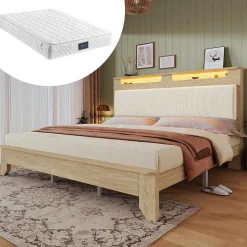 Lit avec rangement 180x200 cm double, éclairage LED intégré, bois chêne clair, design fonctionnel et moderne, sans matelas