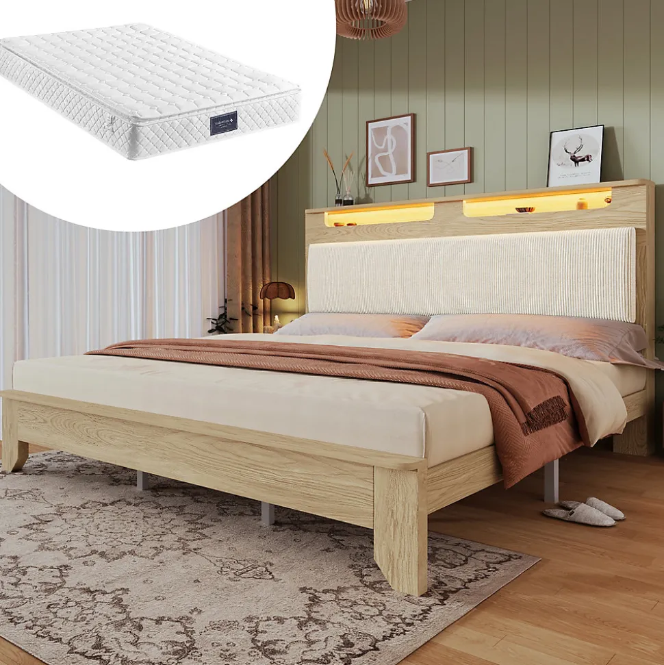 Lit avec rangement 180x200 cm double, éclairage LED intégré, bois chêne clair, design fonctionnel et moderne, sans matelas