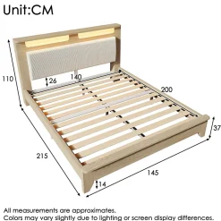 Lit avec rangement 180x200 cm double, éclairage LED intégré, bois chêne clair, design fonctionnel et moderne, sans matelas