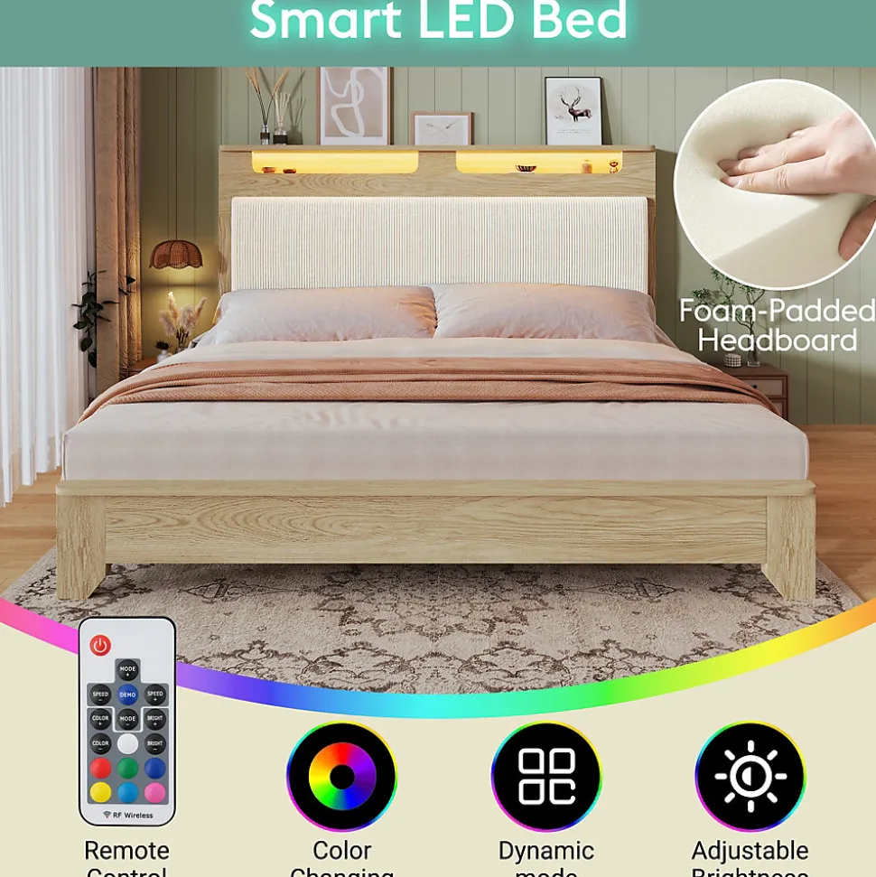 Lit avec rangement 180x200 cm double, éclairage LED intégré, bois chêne clair, design fonctionnel et moderne, sans matelas