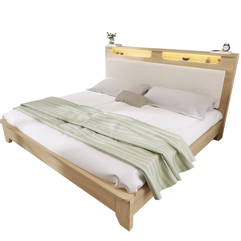 Lit avec rangement 180x200 cm double, éclairage LED intégré, bois chêne clair, design fonctionnel et moderne, sans matelas