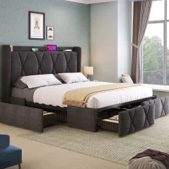 Lit avec rangement 140x200 cm double capitonné avec ports USB et 4 tiroirs, structure lin et bois, gris, sans matelas