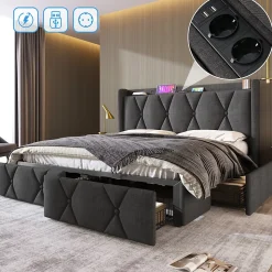 Lit avec rangement 140x200 cm double capitonné avec ports USB et 4 tiroirs, structure lin et bois, gris, sans matelas