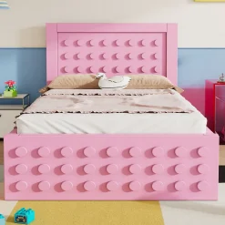 Lit avec rangement 90x200 cm, lit simple design créatif avec tiroirs intégrés, structure MDF et bois massif, rose sans matelas