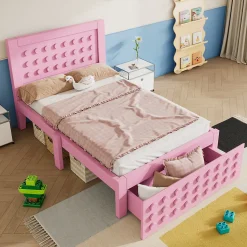 Lit avec rangement 90x190 cm, lit simple avec tiroirs pratiques et sommier inclus, MDF et bois massif, rose sans matelas