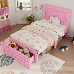 Lit avec rangement 90x190 cm, lit simple avec tiroirs pratiques et sommier inclus, MDF et bois massif, rose sans matelas