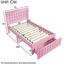 Lit avec rangement 90x190 cm, lit simple avec tiroirs pratiques et sommier inclus, MDF et bois massif, rose sans matelas