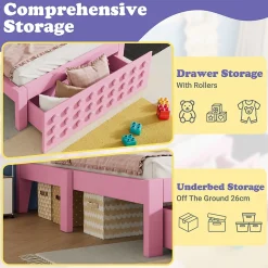 Lit avec rangement 90x190 cm, lit simple avec tiroirs pratiques et sommier inclus, MDF et bois massif, rose sans matelas