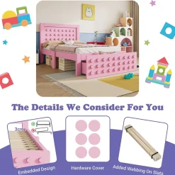 Lit avec rangement 90x190 cm, lit simple avec tiroirs pratiques et sommier inclus, MDF et bois massif, rose sans matelas