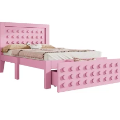 Lit avec rangement 90x190 cm, lit simple avec tiroirs pratiques et sommier inclus, MDF et bois massif, rose sans matelas