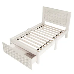 Lit avec rangement 90x190 cm, lit simple design créatif avec tiroirs et sommier inclus, MDF et bois massif, blanc sans matelas