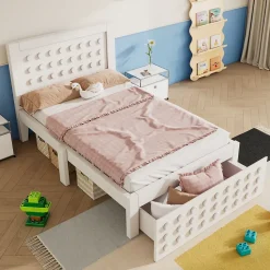 Lit avec rangement 90x190 cm, lit simple design créatif avec tiroirs et sommier inclus, MDF et bois massif, blanc sans matelas