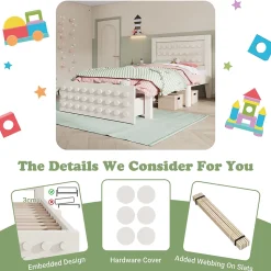 Lit avec rangement 90x190 cm, lit simple design créatif avec tiroirs et sommier inclus, MDF et bois massif, blanc sans matelas