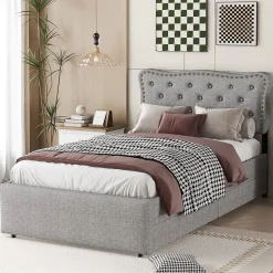 Lit avec rangement 90x200 cm simple capitonné avec 2 tiroirs et tête de lit ondulée cloutée - revêtement en lin gris