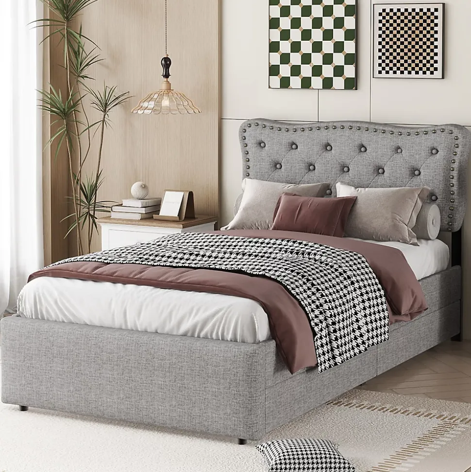 Lit avec rangement 90x200 cm simple capitonné avec 2 tiroirs et tête de lit ondulée cloutée - revêtement en lin gris