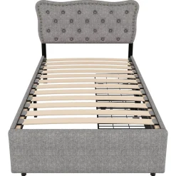 Lit avec rangement 90x200 cm simple capitonné avec 2 tiroirs et tête de lit ondulée cloutée - revêtement en lin gris