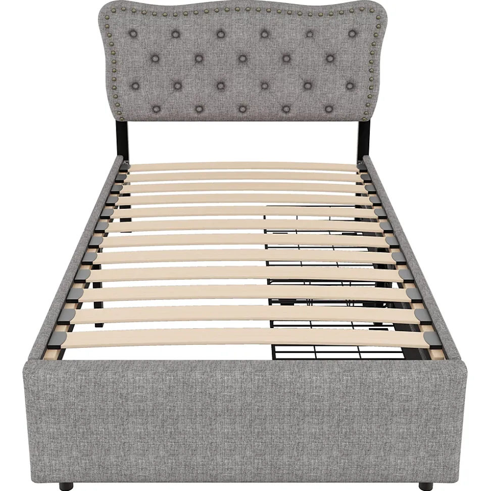 Lit avec rangement 90x200 cm simple capitonné avec 2 tiroirs et tête de lit ondulée cloutée - revêtement en lin gris