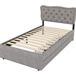Lit avec rangement 90x200 cm simple capitonné avec 2 tiroirs et tête de lit ondulée cloutée - revêtement en lin gris