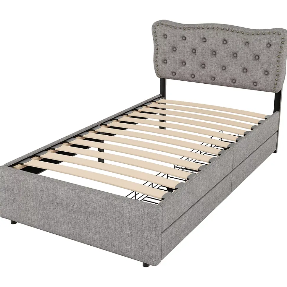 Lit avec rangement 90x200 cm simple capitonné avec 2 tiroirs et tête de lit ondulée cloutée - revêtement en lin gris