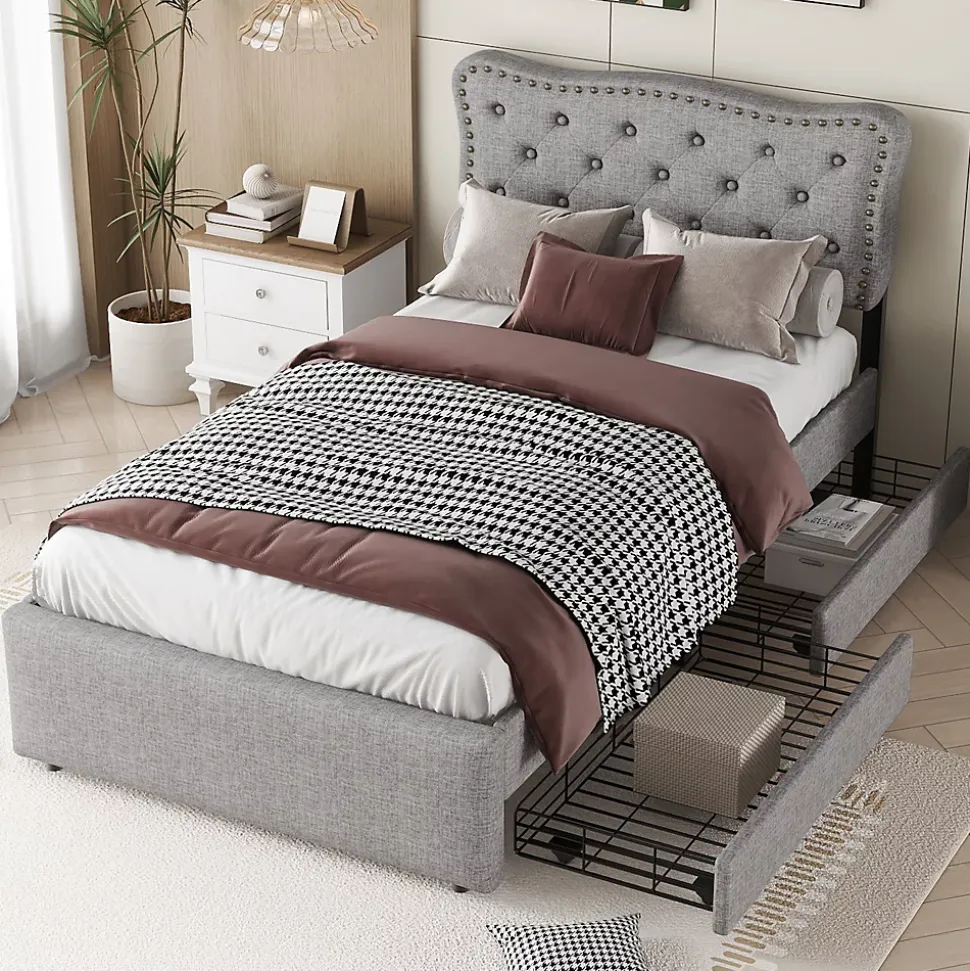 Lit avec rangement 90x200 cm simple capitonné avec 2 tiroirs et tête de lit ondulée cloutée - revêtement en lin gris