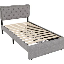 Lit avec rangement 90x200 cm simple capitonné avec 2 tiroirs et tête de lit ondulée cloutée - revêtement en lin gris