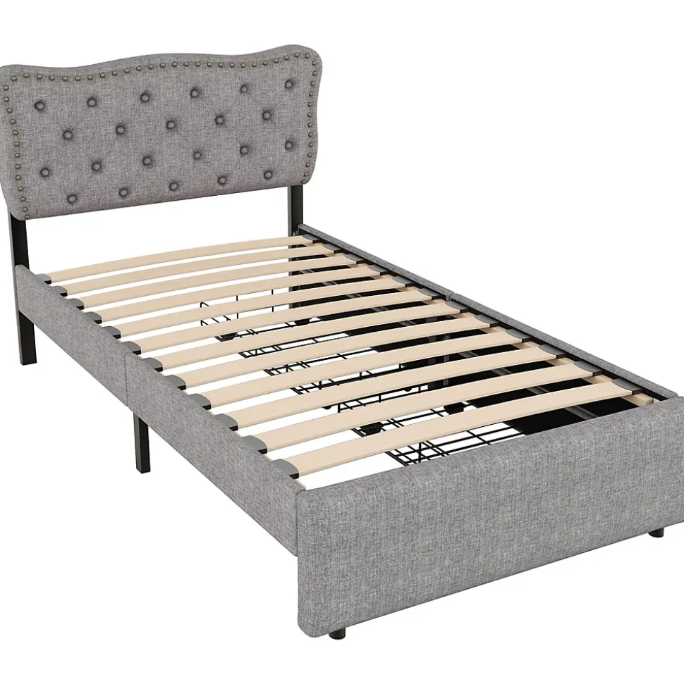 Lit avec rangement 90x200 cm simple capitonné avec 2 tiroirs et tête de lit ondulée cloutée - revêtement en lin gris