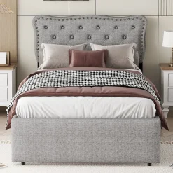 Lit avec rangement 90x200 cm simple capitonné avec 2 tiroirs et tête de lit ondulée cloutée - revêtement en lin gris