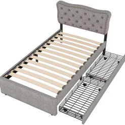 Lit avec rangement 90x200 cm simple capitonné avec 2 tiroirs et tête de lit ondulée cloutée - revêtement en lin gris