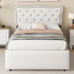 Lit avec rangement 90x200 cm simple capitonné avec 2 tiroirs et tête de lit ondulée cloutée - revêtement en lin beige clair