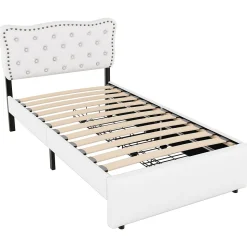 Lit avec rangement 90x200 cm simple capitonné avec 2 tiroirs et tête de lit ondulée cloutée - revêtement en lin beige clair