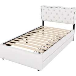 Lit avec rangement 90x200 cm simple capitonné avec 2 tiroirs et tête de lit ondulée cloutée - revêtement en lin beige clair