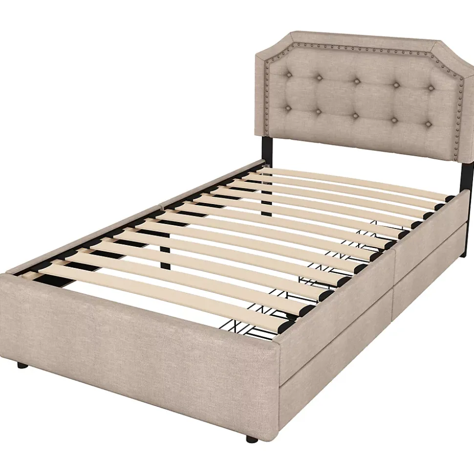 Lit avec rangement 90x200 cm simple capitonné avec 2 tiroirs et tête de lit courbée cloutée - revêtement en lin beige foncé