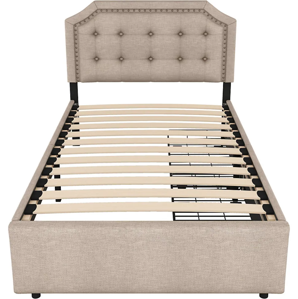 Lit avec rangement 90x200 cm simple capitonné avec 2 tiroirs et tête de lit courbée cloutée - revêtement en lin beige foncé