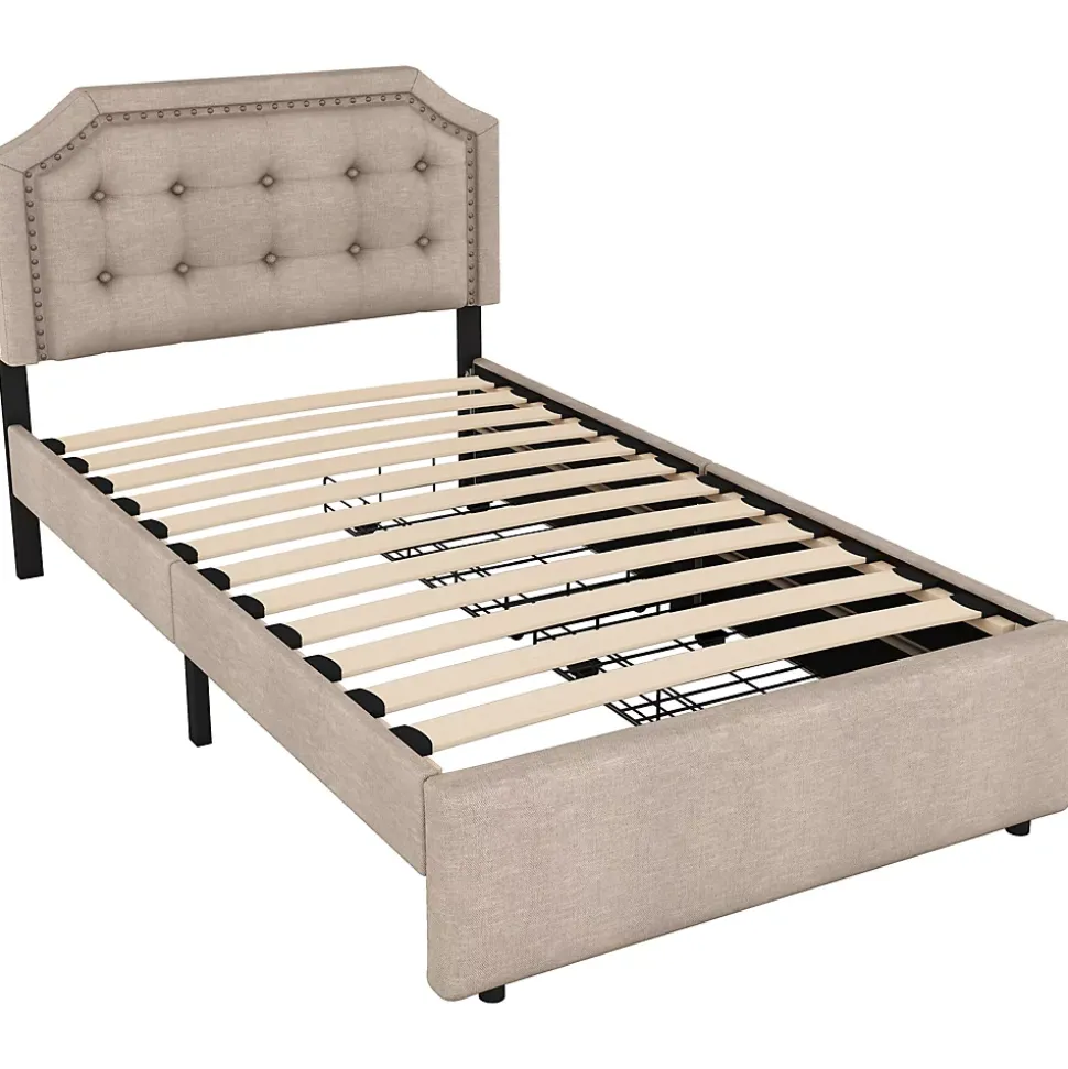 Lit avec rangement 90x200 cm simple capitonné avec 2 tiroirs et tête de lit courbée cloutée - revêtement en lin beige foncé