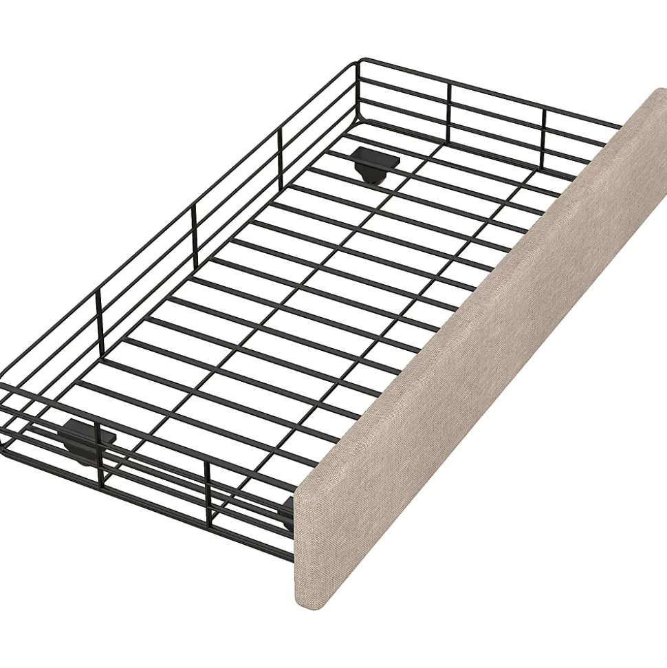 Lit avec rangement 90x200 cm simple capitonné avec 2 tiroirs et tête de lit courbée cloutée - revêtement en lin beige foncé