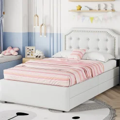 Lit avec rangement 90x200 cm simple capitonné avec 2 tiroirs et tête de lit courbée cloutée - revêtement en lin beige foncé