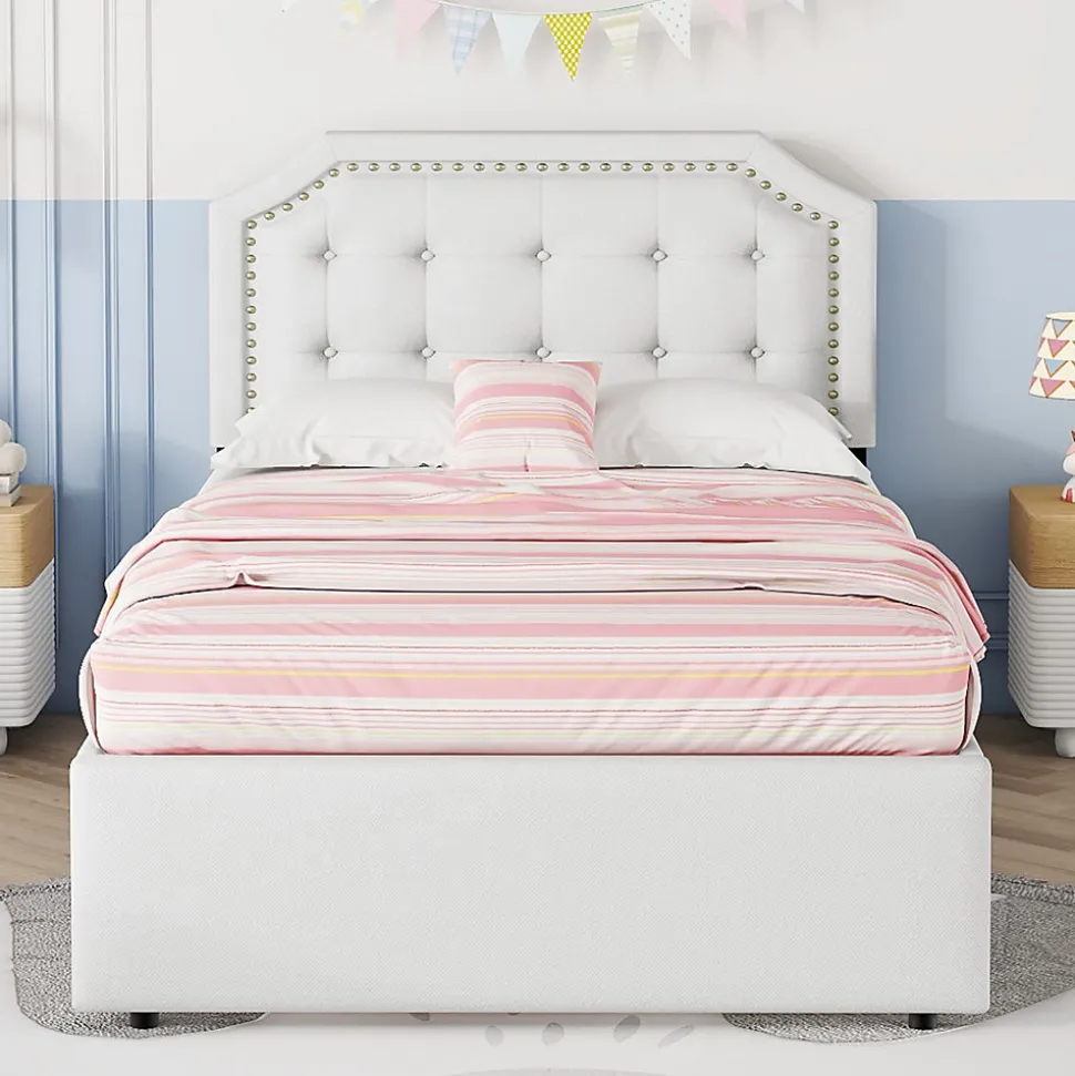 Lit avec rangement 90x200 cm simple capitonné avec 2 tiroirs et tête de lit courbée cloutée - revêtement en lin beige foncé