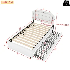 Lit avec rangement 90x200 cm simple capitonné avec 2 tiroirs et tête de lit courbée cloutée - revêtement en lin beige foncé